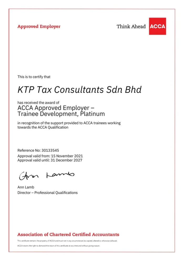 ACCA Trainee Development Platinum certificate — KTP Tax Consultants Sdn Bhd